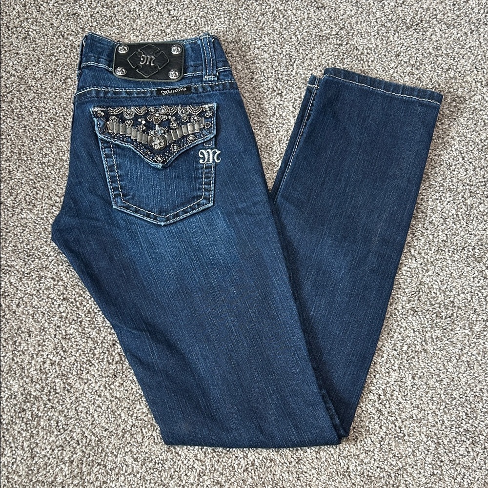 Miss Me Blue Embellished Jeans with Silver Accents Size 26 Skinny Low Rise